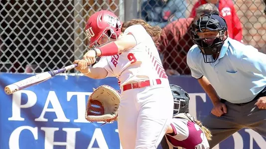 Nicole Amodio makes contact with a pitch against Colgate in the 2019 Patriot League tournament.