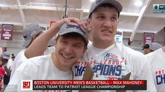 Screenshot of a SportsCenter segment featuring Max Mahoney. He is hugging Adam Mikula while celebrating 2020 Patriot League championship win. The segment was part of ESPN's Senior Night feature.