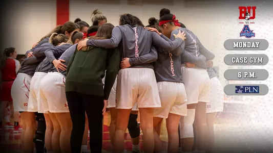 Women's basketball preview graphic featuring a team huddle