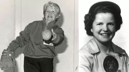 On the left is an older Mary Pratt tossing a softball. On the right is a headshot of her when she pitched for the Rockford Peaches in the 1940s.