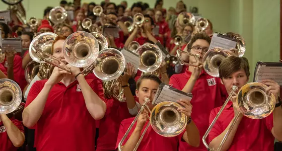 Close up photo of the band at the BU men's basketball game vs. Northeastern
