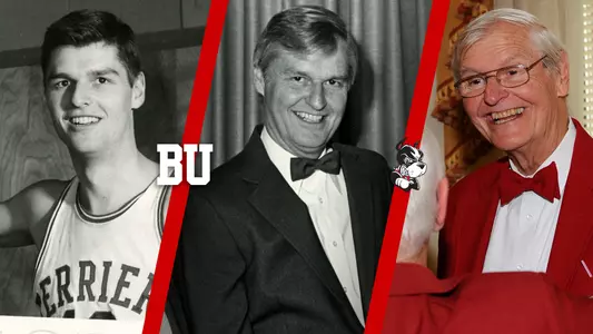 There are three photos of Bob Cumings, one on the left in his basketball jersey, second of him at the 1982 BU Athletic Hall of Fame ceremony and a more recent photo at the 2010 BU Athletic Hall of Fame ceremony. The last photo is in color.