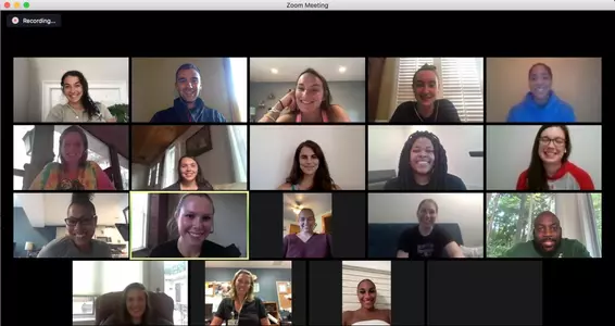 Zoom screenshot of the women's basketball team and select alumni who work in the healthcare industry