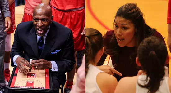 Photo split between Joe Jones and Marisa Moseley coaching their respective teams in a huddle