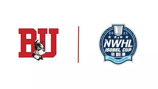 Boston University BU logo with Rhett is on the left side of a centered red vertical line. The 2021 NWHL Isobel Cup logo is on the right side of the red vertical line