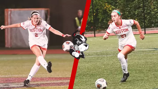 Ashley Buck boots the ball up the field on the left side of the graphic. Eileen Solomon is moving the ball up the field running toward her right on the right side of the graphic.