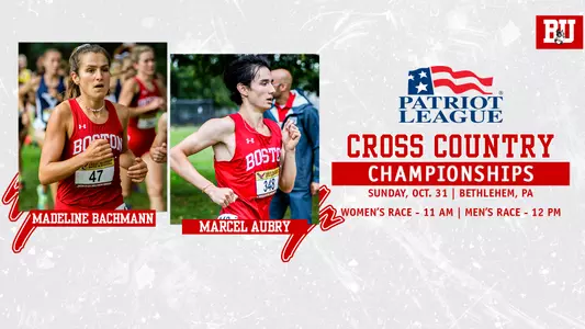 Graphic that features action photos of Madeline Bachmann and Marcel Aubry running along with information for the Patriot League Cross Country Championships
