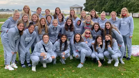 The entire BU women's soccer team poses for a group photo at Carson Beach for the Boston Walk to Defeat ALS event