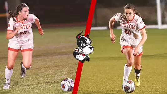 Elle Colin brings the ball up the field on the left side of the graphic, while Jenna Oldham brings the ball forward on the right half of the graphic. A line cuts the two in half.