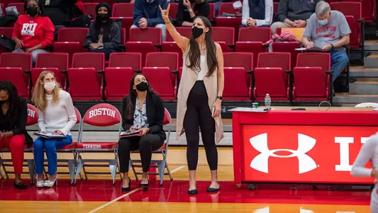 Head Coach Melissa Graves directs her team from the bench against UMass Lowell.
