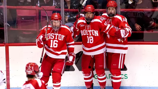 The men's ice hockey team celebrates a goal