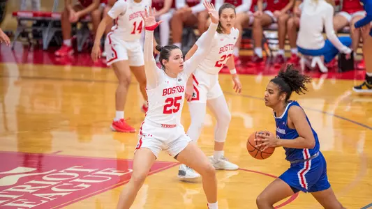 Riley Childs holds her hands up on defense in a game against UMass Lowell.
