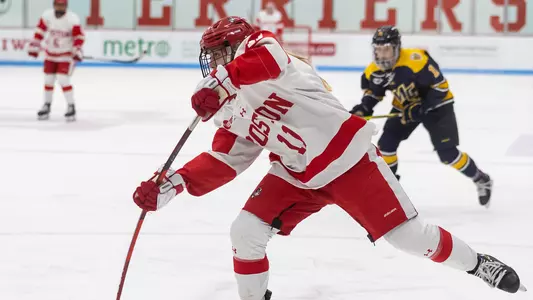 Mackenna Parker rips a shot near the left wing against Merrimack on Dec. 4, 2021.