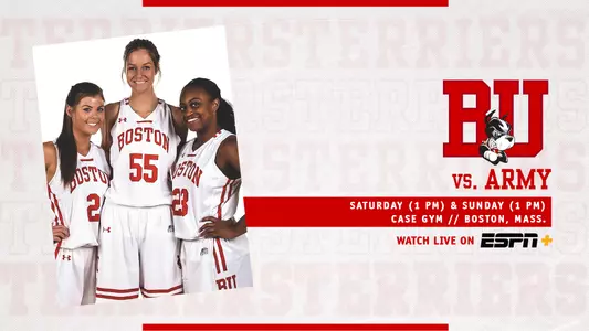 Women's basketball preview graphic with a white background, game information vs. Army on the right, the three seniors of the women's basketball team posing on the left