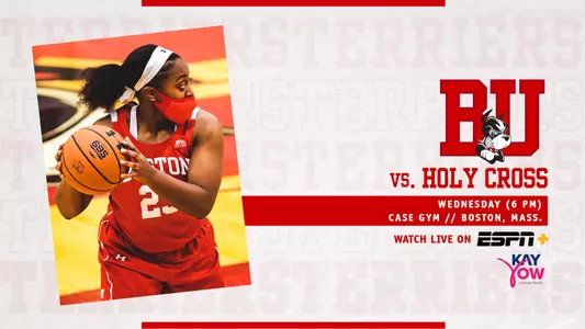 Women's basketball preview graphic featuring Tenisha Pressley holding the ball on the left, and the game information for Holy Cross on the right