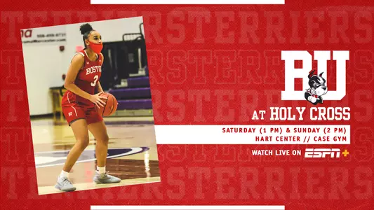 Women's basketball preview grWomen's basketball preview graphic with a red background, Kelsi Mingo getting ready to shoot the basketball on the left, game information for the weekend series with Holy Cross on the rightaphic with a red background, Kelsi Mingo getting ready to shoot the basketball on the left, game information for the weekend series with Holy Cross on the right