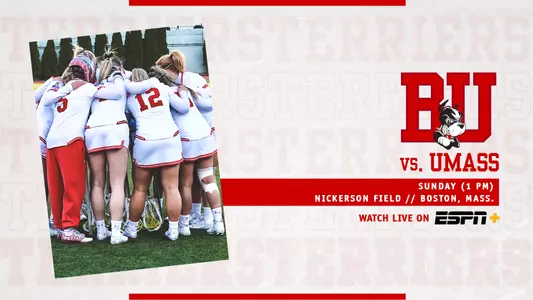 Preview graphic for women's lacrosse with a white background, a team huddle in white uniforms on the left, game information for Sunday's home opener vs. UMass on the right