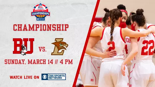 preview graphic with the starting five in a group huddle prior to opening tip, game information for the Patriot League championship game vs. Lehigh on the left