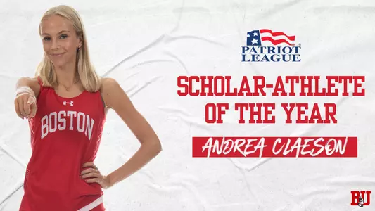 Graphic that features Andrea Claeson posing on the left, next to the Patriot League logo, which is above text that says Scholar-Athlete of the Year Andrea Claeson