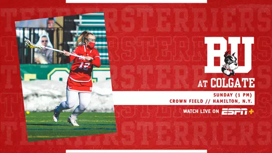 Riley Kokoruda cradling the ball on the left, information for Sunday's game at Colgate on the right