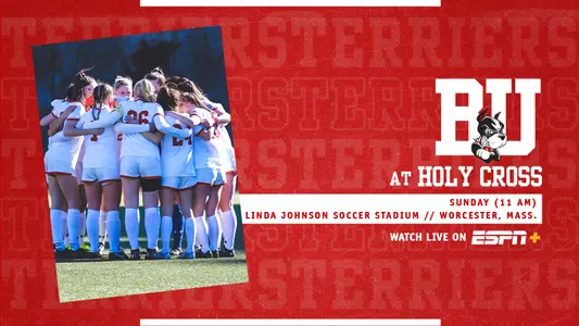 photo of a team huddle with starters in white uniforms, game information for Sunday's match at Holy Cross on the right