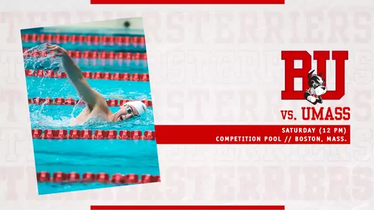 photo of a men's swimmer on the left side, meet information for Saturday's home meet vs. UMass on the right