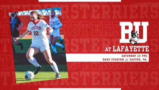 Women's soccer preview graphic with game information for Saturday's match at Lafayette on the right, Elle Conlin dribbling the ball on the left
