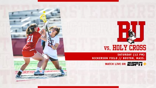 preview graphic for women's lacrosse, game information for Saturday's home game vs. Holy Cross on the right, photo of Jennifer Barry contending with a Colgate player for a draw control on the left