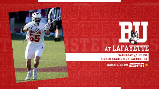Graphic that features photo of Roy Meyer. On right side, white BU logo over three layers of text. First layer says at Lafayette, second layer is a white box with red text that reads Saturday // 12 PM, located above more red text that says Fisher Stadium // Easton, PA. Below that is text that says Watch on, located next to the ESPN+ logo