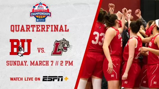 Slanted right team huddle in red uniforms on the right, game information for BU vs. Lafayette in a Patriot League Tournament quarterfinal game on Sunday