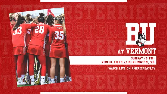 preview graphic with a red background, a team huddle with players in red uniforms on the left, game information for Sunday's game at Vermont on the right