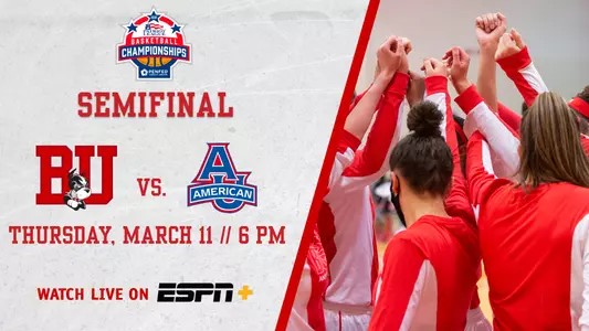 preview graphic for women's basketball, a team huddle in with red warm-up uniforms on the right side, game information for Thursday's semifinal game vs. American on the left