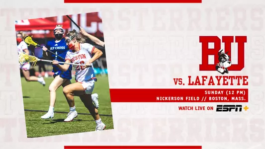 white background with game information for Saturday's noon game against Lafayette on the right side, on the left side is Makenzie Irvine running with the ball in her stick dodging a Holy Cross player