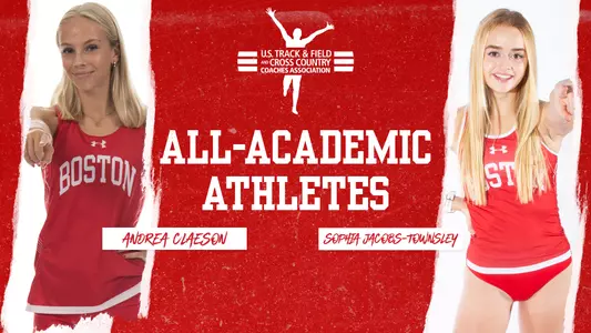 Graphic featuring posed photos of Sophia Jacobs-Townsley and Andrea Claeson that recognizes them for being named USTFCCCA All-Academic Athletes