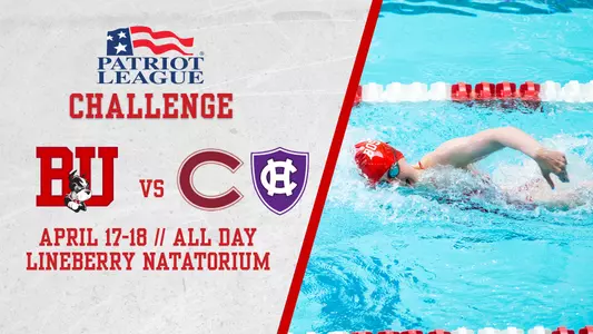 Preview graphic for swimming & diving Patriot League challenge, information for the double-dual meet on the left, a women's swimmer on the right