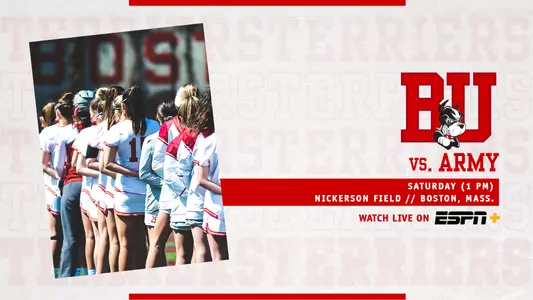 Women's lacrosse preview graphic, the team lined up for the National Anthem on the left, game information for Saturday's 3 p.m. game vs. Army on the right