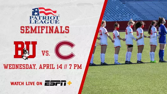 Preview graphic for women's soccer, white background with game information for the team's Patriot League Tournament semifinal game vs. Colgate on Wednesday on the left, the team lined up during the National Anthem on the right