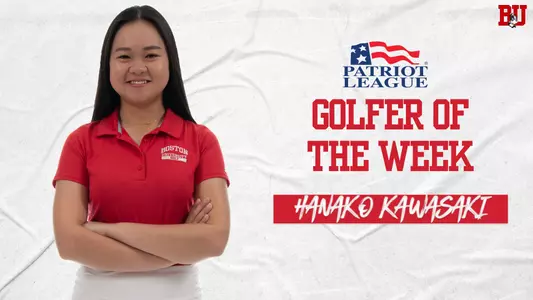 Patriot League Golfer of the Week graphic featuring a posed photo of Hanako Kawasaki