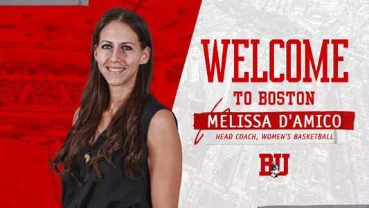 Graphic with a red overlay of Case Gym on the right, head shot of Melissa D'Amico at the center, and Welcome to Boston on the right