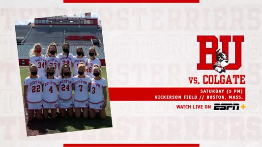 The 10 seniors of the women's lacrosse team on the left, game information for Saturday vs. Colgate on the right