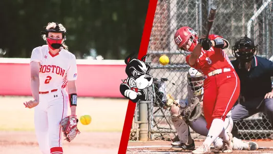Emily Gant is featured on the left side throwing a pitch toward home plate, while Nicole Amodio is on the right crushing a pitch toward center field. A line breaks up the two players with the Terrier mascot's head in the middle of the line.
