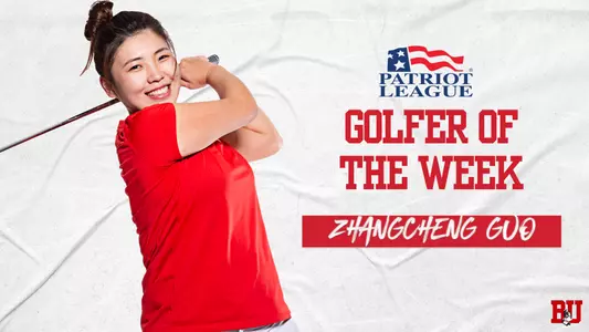 Patriot League Golfer of the Week graphic featuring a posed photo of Zhangcheng Guo