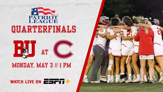 Women's lacrosse preview graphic, team huddle on the right side, game info for Monday's quarterfinal game at Colgate on the left