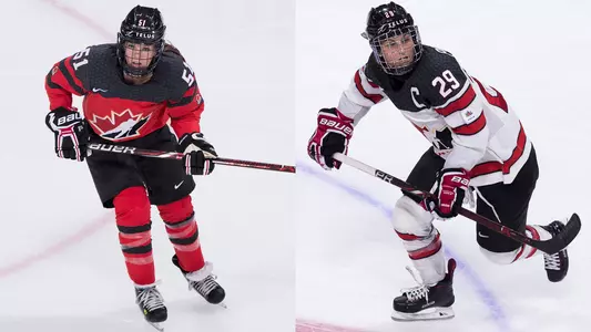 A photo of Victoria Bach of Canada skating is to the left of a photo of Canada's Marie-Philip Poulin skating