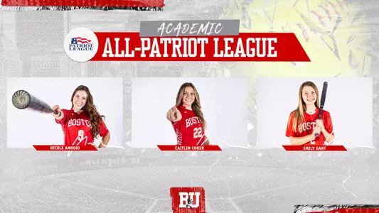 Boston University softball's Nicole Amodio, Caitlin Coker and Emily Gant all earned Academic All-Patriot League honors and are show in the graphic with a bat.