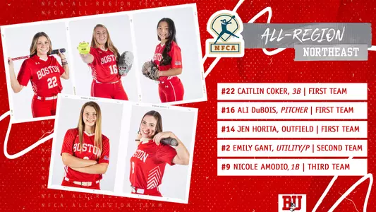 #22 Caitlin Coker (third base), #16 Ali DuBois (pitcher) and #14 Jen Horita (outfielder) were named NFCA All-Region First Team members. #9 Nicole Amodio (first base) was named to the third time, while #2 Emily Gant (utility/pitcher) was named to the second team.