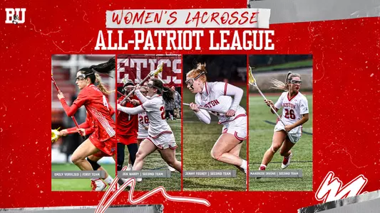 Graphic with four members of the women's lacrosse team who earned All-Patriot League honors