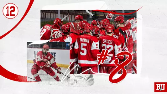 Terrier 12 Graphic featuring photo of men's ice hockey team huddling as well as a photo of David Farrance playing hockey