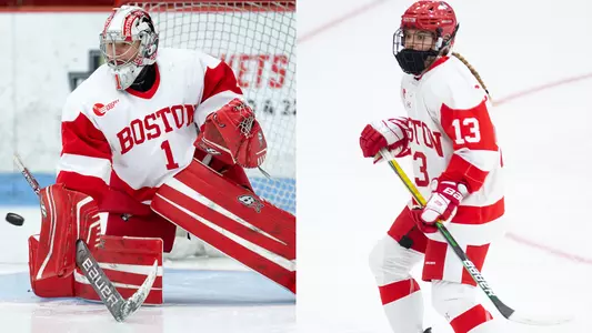 Two action photos side-by-side - on the left is Kate Stuart making a save, on the right is Andi Calderone skating