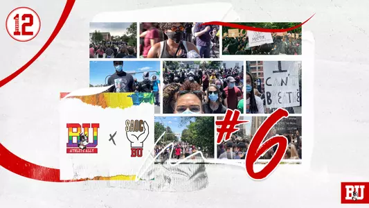A graphic for this year's Terrier 12. At no. 6 is a photo collage of students participating in social justice initiatives, including protests. There's also a box displaying the BU Athlete Ally and Student-Athletes of Color logos.